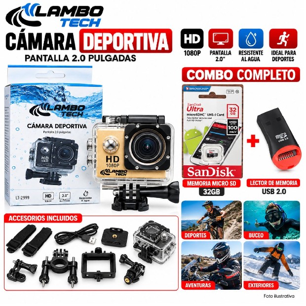 &ua CAMARA DEPORTIVA SUMERGIBLE + SD 32 GB + LECTOR SD